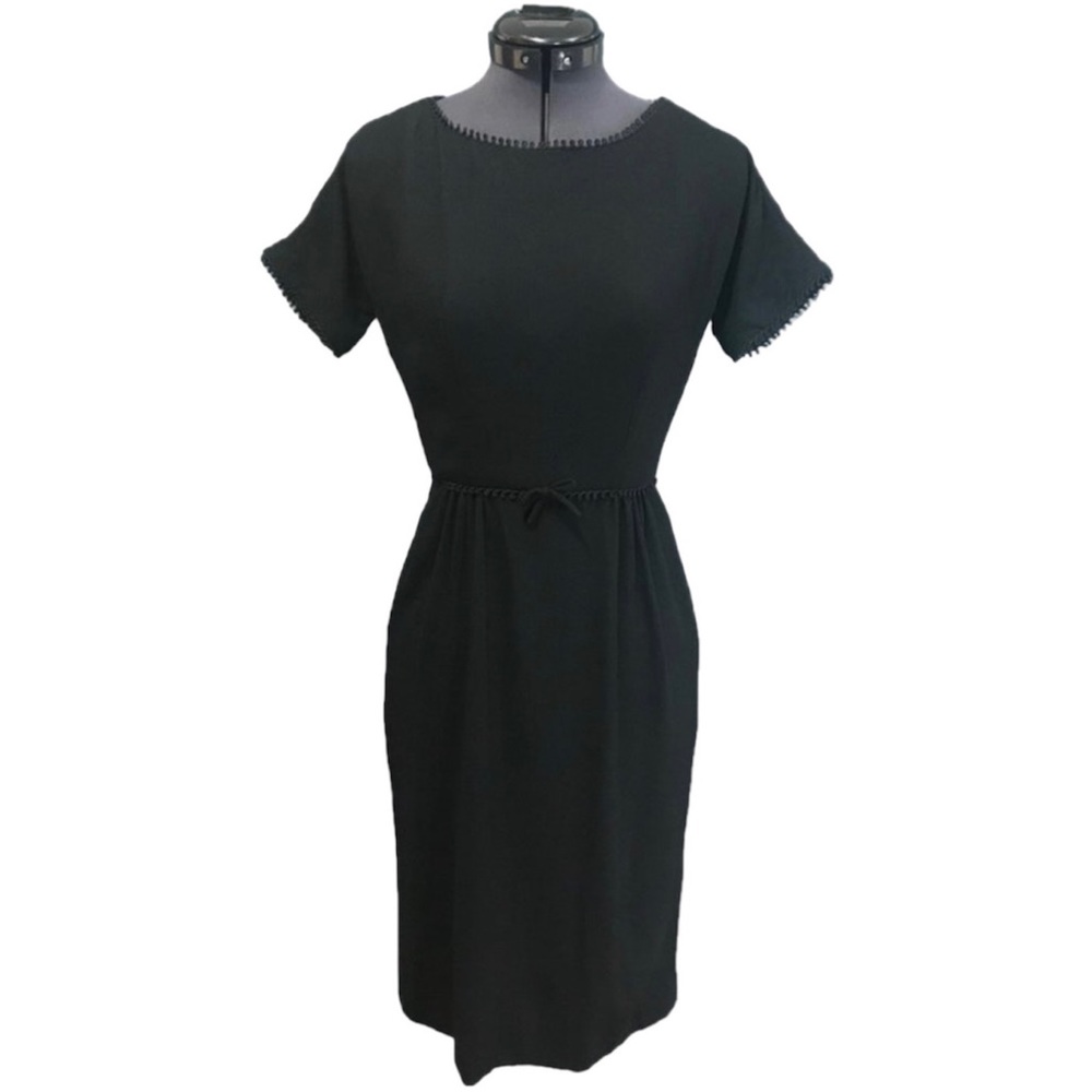 Vintage 1940s 1950s gothic mourning funeral little black dress bow XS XXS 00 0
